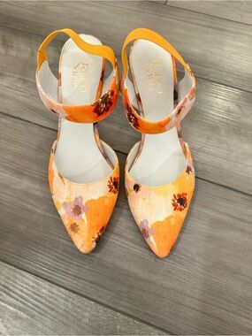 Franco Sarto Orange Floral Pointed Toe Ankle Strap Heels